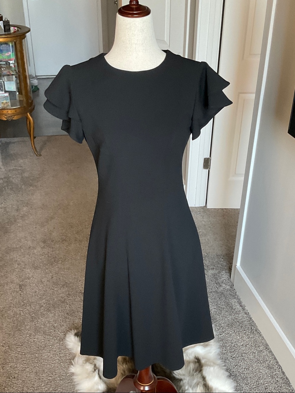 Black Ruffle Sleeve Fit-and-Flare Dress with Back Zip